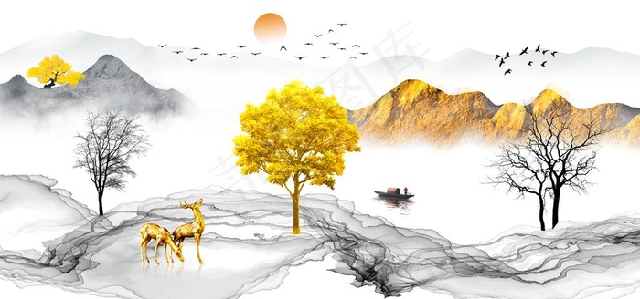 新中式麋鹿山水背景墙图片