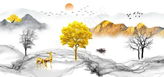 新中式麋鹿山水背景墙图片