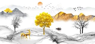 新中式麋鹿山水背景墙图片