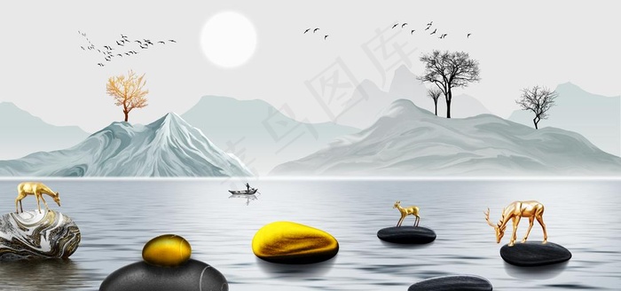 麋鹿背景墙图片(9449x4724)psd模版下载