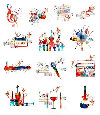 矢量彩绘音乐乐器元素图片