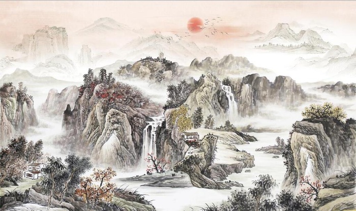 中式青绿瀑布山水国画电视背景墙图片(9071x5669)