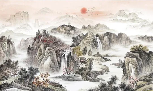 中式青绿瀑布山水国画电视背景墙图片 中式青绿瀑布山水国画电视背景墙图片