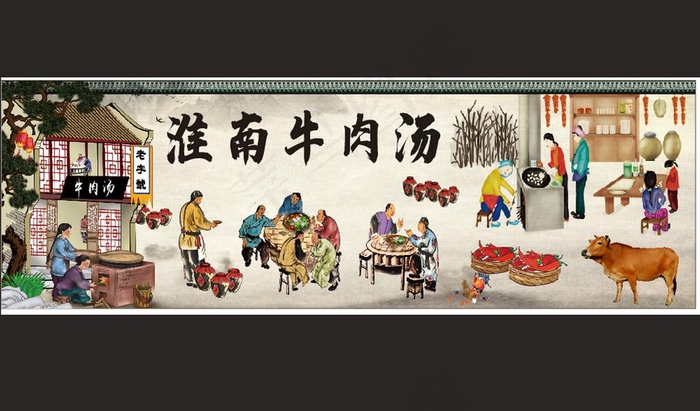 复古淮南牛肉汤墙壁画抽象饭店文图片