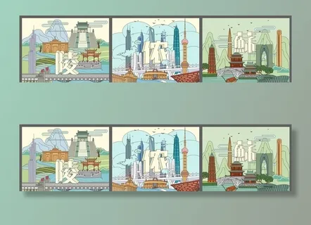 城市地标建筑手绘矢量图图片