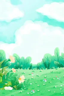 插画背景蓝天白云草地图片