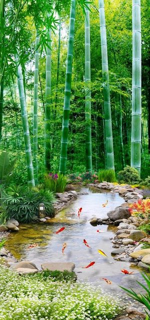 绿色森林流水生财风景画图片