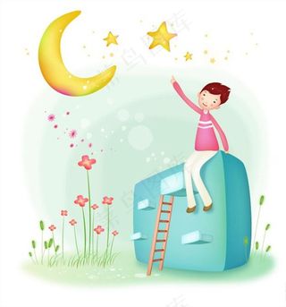 卡通数星星的孩子图片