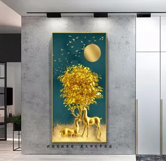 金色麋鹿发财树玄关画图片 金色麋鹿发财树玄关画图片