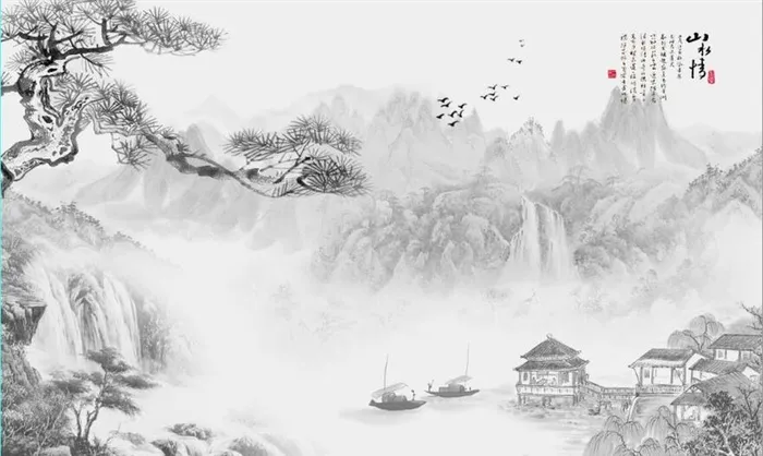 新中式水墨山水国画电视背景墙图片(9071x5669)psd模版下载