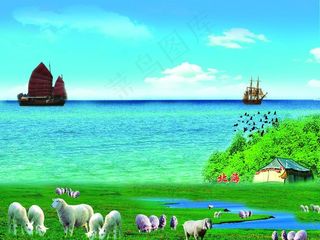 大海和羊群图片