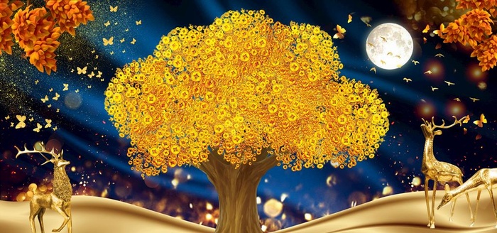 麋鹿发财树装饰画图片