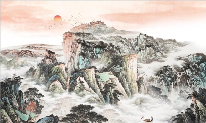 中式青绿山水国画电视背景墙图片