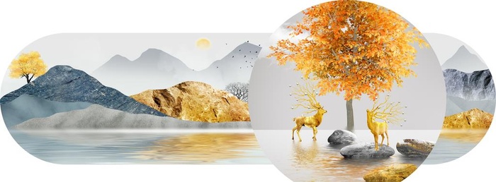 抽象麋鹿金色山水装饰画图片