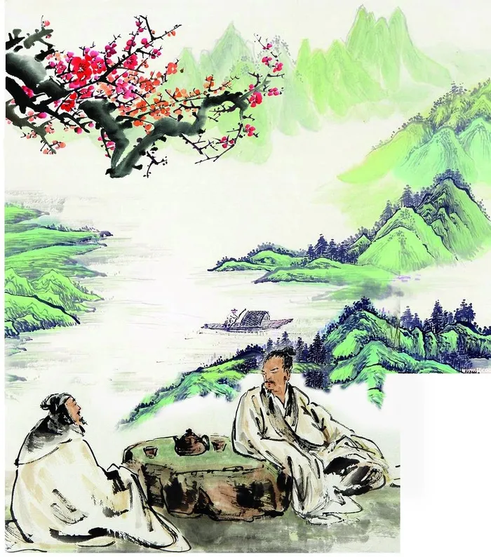古代山水下棋插画图片(1447x1585)psd模版下载