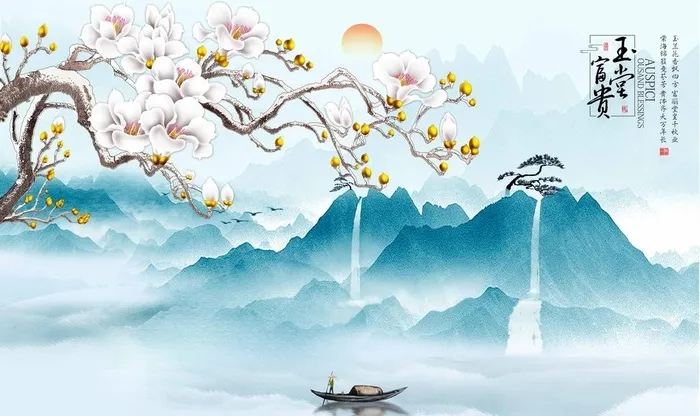 蓝色水墨山水背景墙图片(9071x5669)psd模版下载