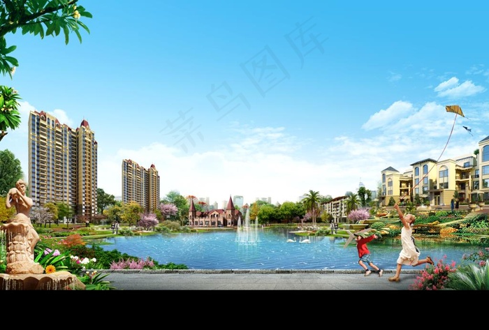 房地产 湖景 园林 效果图  图片psd模版下载
