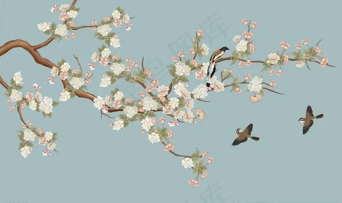 中式手绘花鸟 海棠花图片(9071x5669)psd模版下载