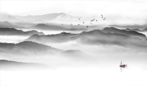 水墨山水 小船 背景墙图片