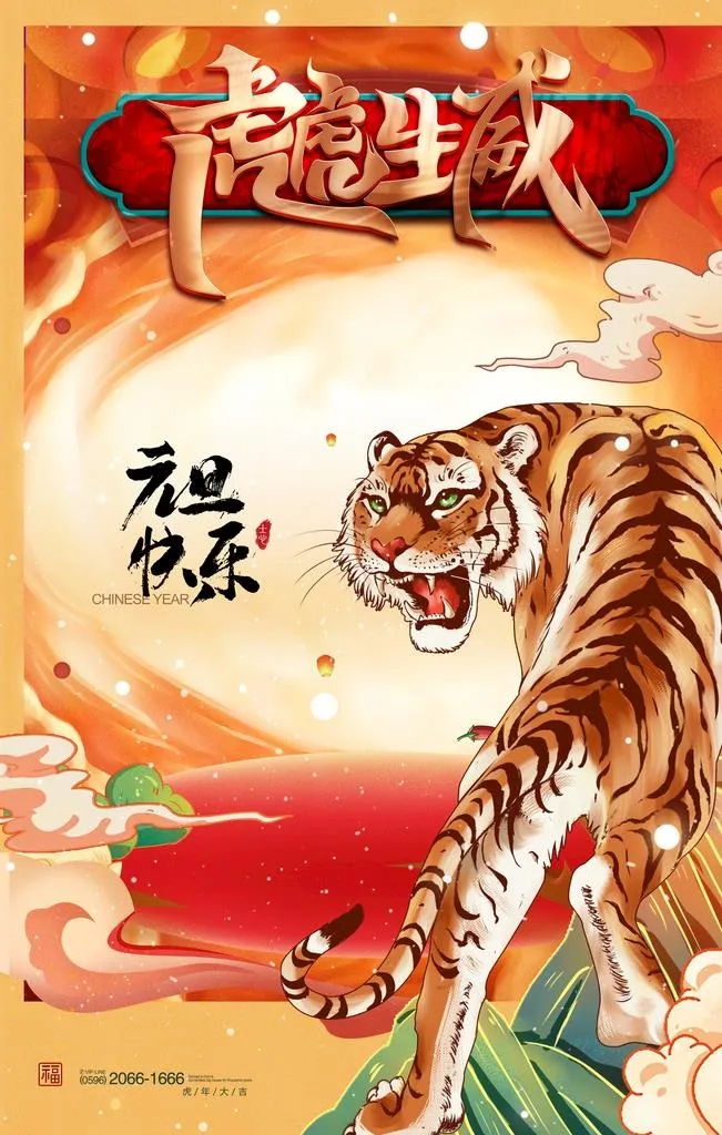 手绘国潮风老虎2022虎年海报图片(3543x5315)psd模版下载