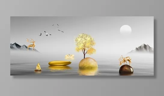 金色转运石麋鹿意境山水装饰画图片