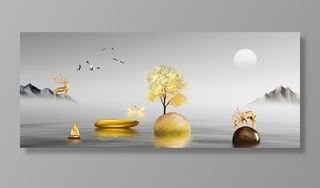 金色转运石麋鹿意境山水装饰画图片