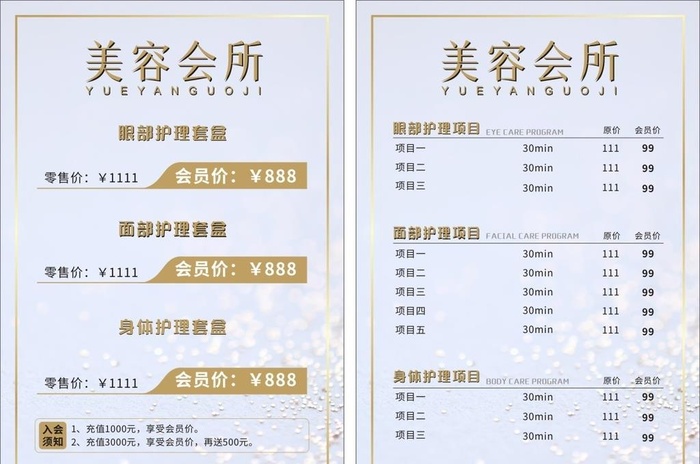 美容养生价目表图片cdr矢量模版下载