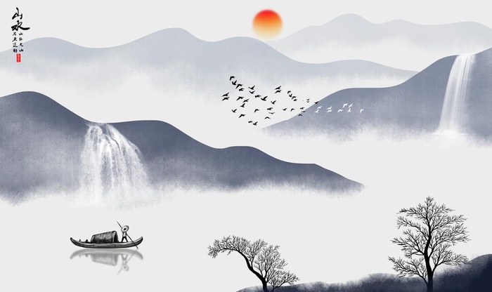 中国风山水画日出图片(9071x5669)psd模版下载
