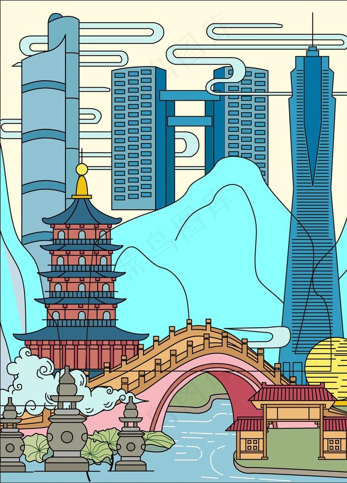 城市风景插画图片ai矢量模版下载