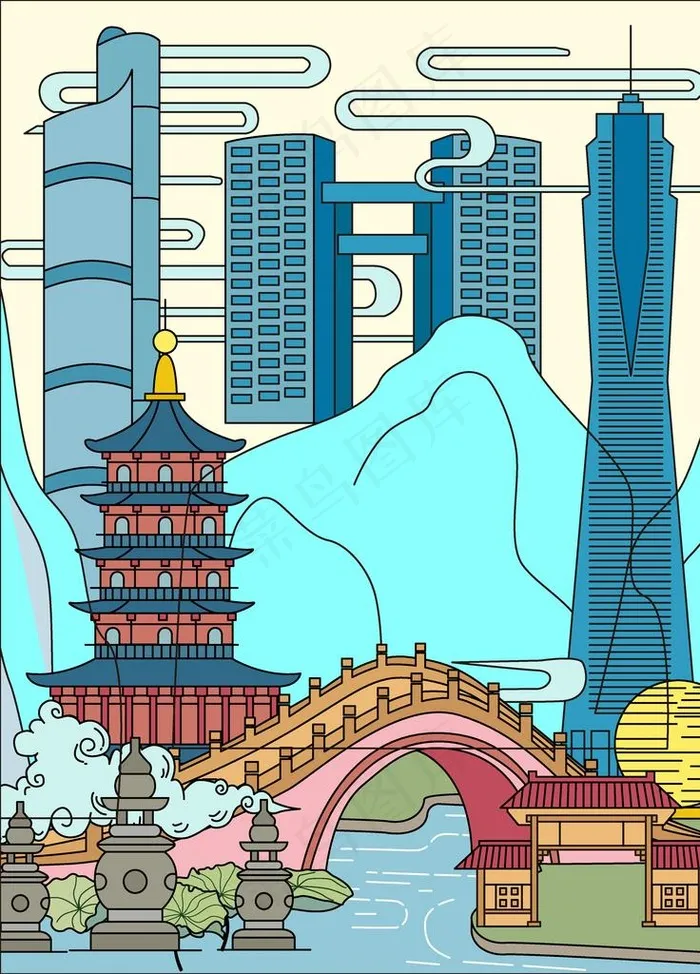 城市风景插画图片ai矢量模版下载