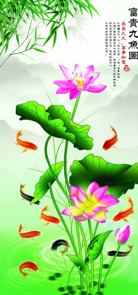 中式富贵九鱼图荷花玄关背景墙图片