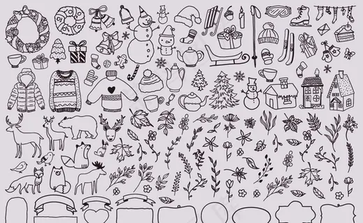 黑白线条填色手绘圣诞节图案大全图片