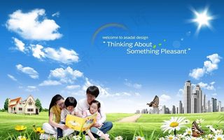 蓝天白云草地一家人图片