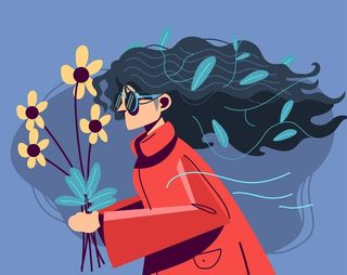 手绘手拿鲜花帅气的少女插画设计图片