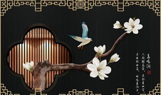 中式窗框树玄关屏风背景底纹素材图片