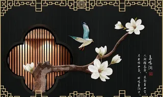 中式窗框树玄关屏风背景底纹素材图片