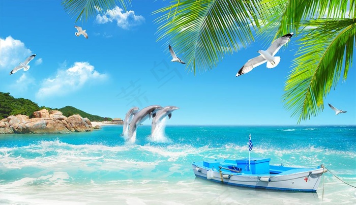 海边 椰树 海豚 小艇 背景墙图片