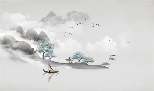 水墨山水 小船 大雁 背景墙图片