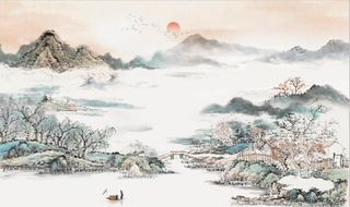 中式青绿瀑布山水国画电视背景墙图片