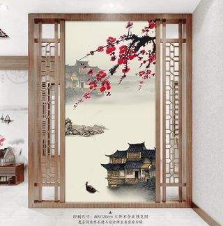 中国风梅花山水中式玄关背景墙图片