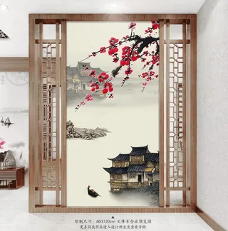 中国风梅花山水中式玄关背景墙图片