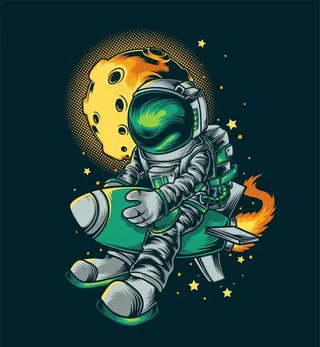 骑着火箭的太空宇航员矢量插图图片