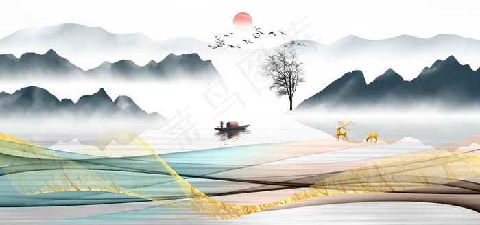 新中式麋鹿山水背景墙图片