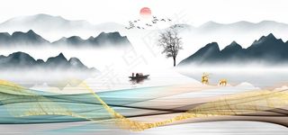 新中式麋鹿山水背景墙图片