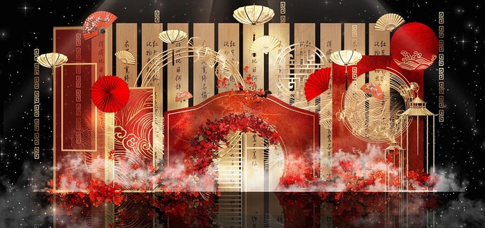 红金时尚轻奢中式婚礼效果图图片psd模版下载