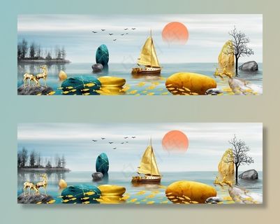 麋鹿发财树金色山水装饰画图片