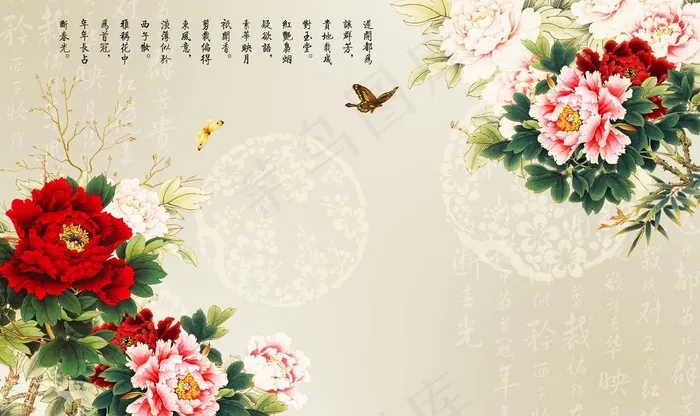 牡丹花背景墙图片(9071x5669)psd模版下载