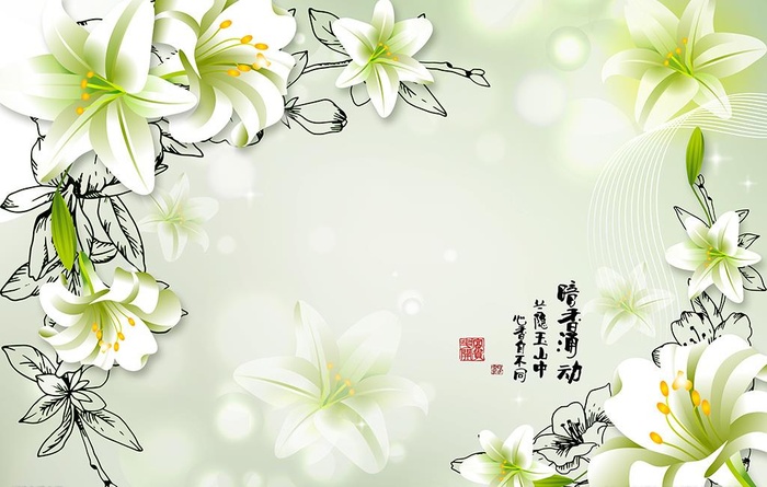 手绘梦幻百合电视背景墙图片(9449x6299)psd模版下载