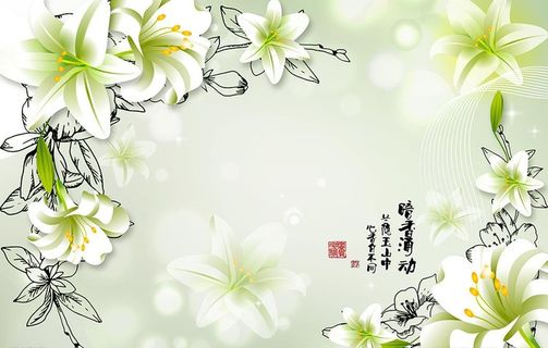 手绘梦幻百合电视背景墙图片