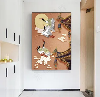 手绘新中式风国潮仙鹤装饰画图片 手绘新中式风国潮仙鹤装饰画图片